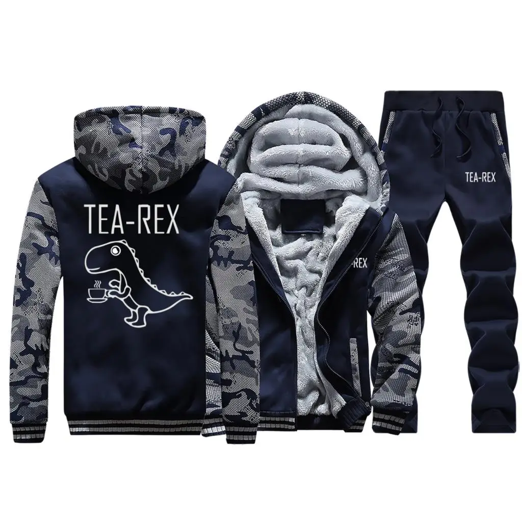 Зима, горячая Распродажа, модные теплые куртки с динозавром, tea Rex, Мужская камуфляжная куртка, плотный костюм, толстовка с капюшоном+ штаны, комплект из 2 предметов - Цвет: Dark Blue 5