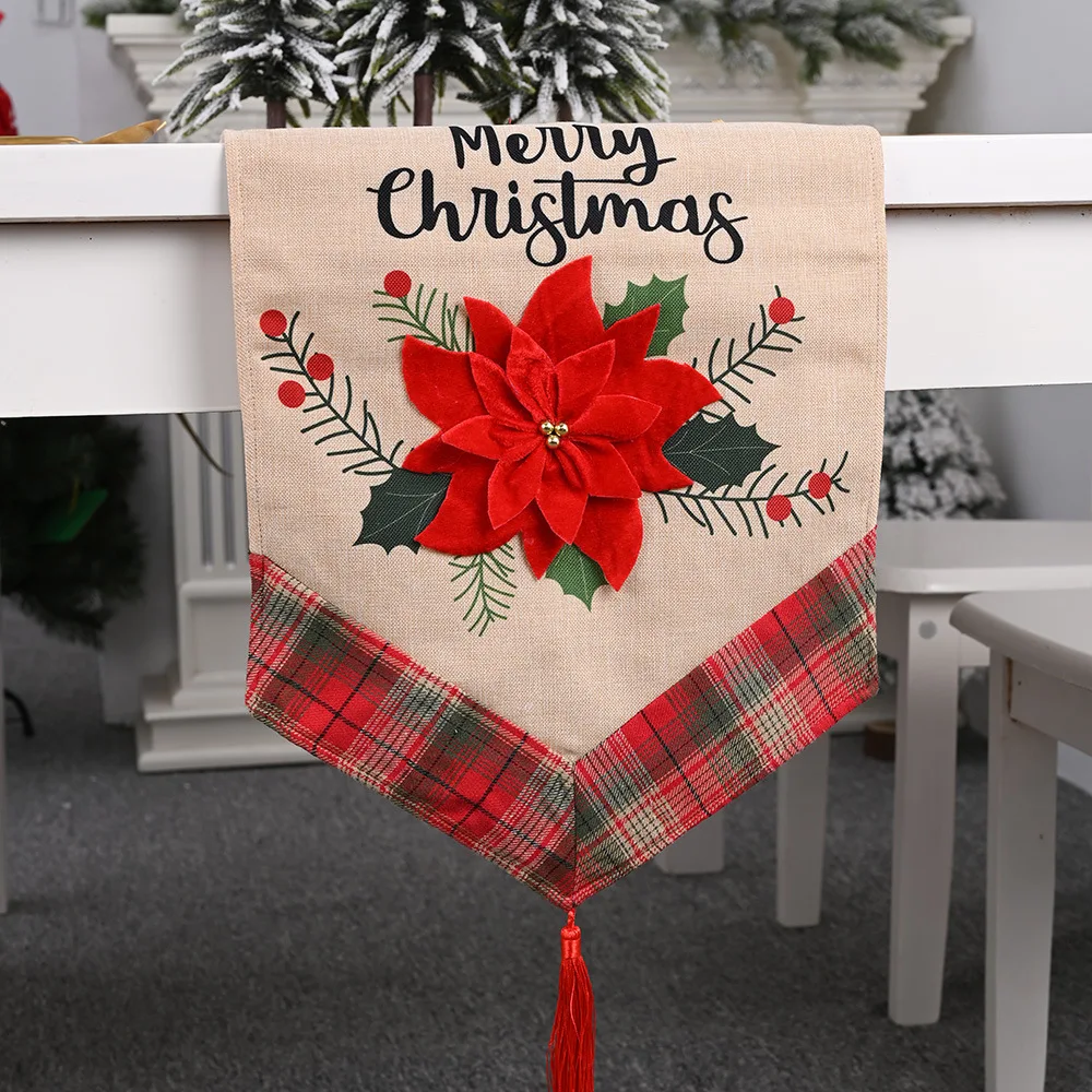

Merry Christmas Table Runner Flower Burlap Table Runner linen Table Cover For Home Kitchen Tablecloth Wedding Party Supply