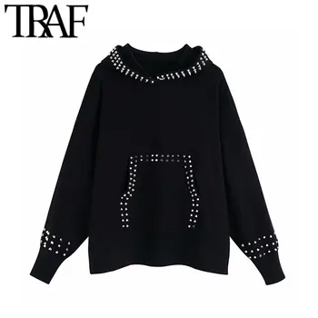 

TRAF Women Vintage Stylish Pockets Rivet Decorative Knitted Hoodies Sweatshirt Fashion Long Sleeve Hooded Pullovers Chic Tops
