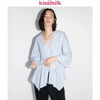 

KISSMILK 2020 Small Fresh Blue Stripe Flare Sleeve Shirt With Lace Up Plus Size Women