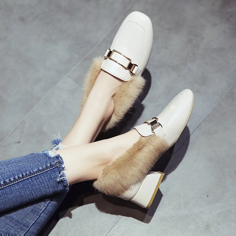 

Fluffy Shoes Women's 2019 Autumn & Winter New Style Fairy Versatile Semi-high Heeled Square Head Network Red Fire Casual Slip-on