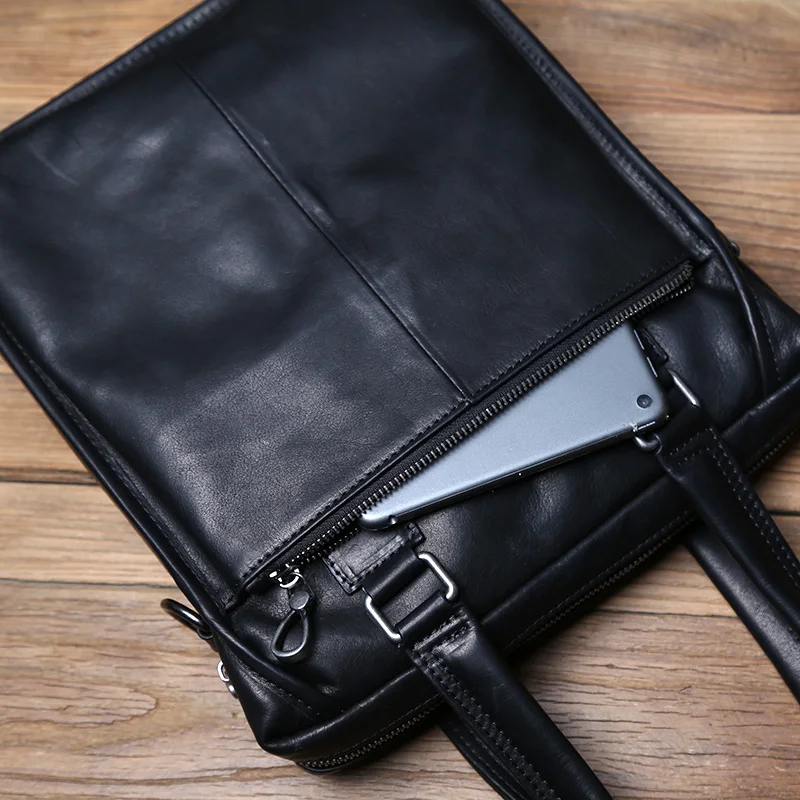 NZPJ Men's Leather Business Handbag Top Layer Cowhide One Shoulder Messenger Bag Vertical Office Computer Bag Simple Briefcase