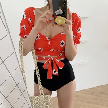 

Sexy Swimwear Women Bathing Suits Bikini 2020 Woman Swimsuit Floral Female Little Hubble Bubble Long Sleeve High Waist Print