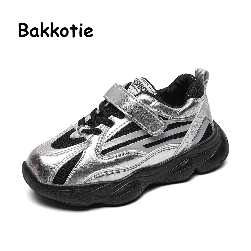Bakkotie/Новинка года; спортивная обувь для мальчиков; сезон осень; модные Нескользящие кроссовки для маленьких девочек; Детская Повседневная дышащая обувь серебристого цвета