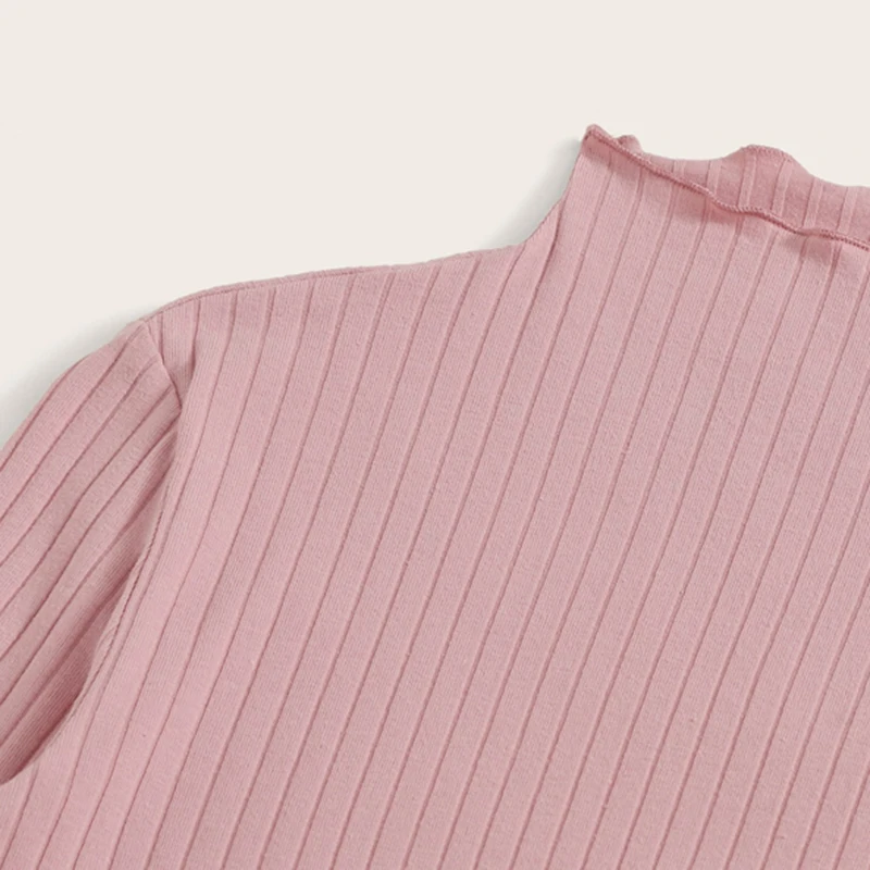 SHEIN, стоячий воротник, Однотонная футболка с отделкой салата, ребристая трикотажная футболка, женские футболки, осень, длинный рукав, элегантная Офисная Женская футболка