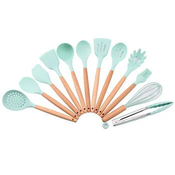 

12Pcs/set Silicone Kitchen Utensils Set Non-stick Spatula Shovel Wooden Handle Cooking Tools Set With Storage Tube Cookware
