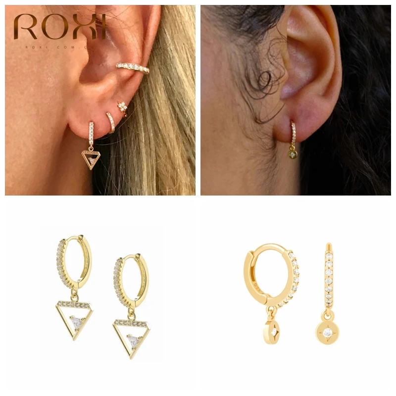 

ROXI Luxury Triangle Round Gemstones Hoop Earrings for Women Elegant Wedding Earrings Cartilage 925 Sterling Silver Pendientes