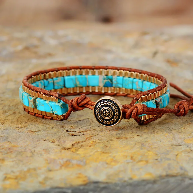 Turquoise Stones Gold Chain Woven Wrap Bracelet Bohemian - Image 2