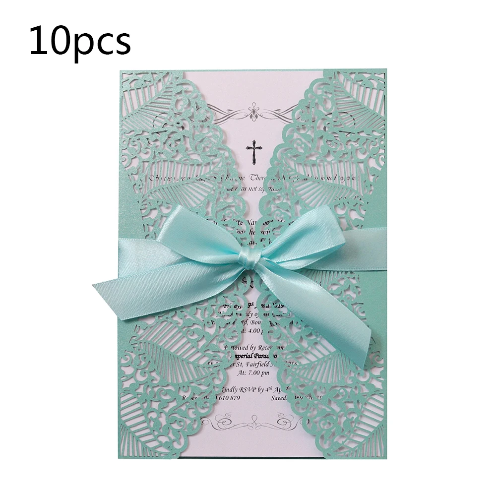 5 10pcs Gold Blue Silver Glitter Paper Laser Cut Wedding Invitation Card With Ribbon Personalized Wedding Decor Party Supplies - Цвет: 5