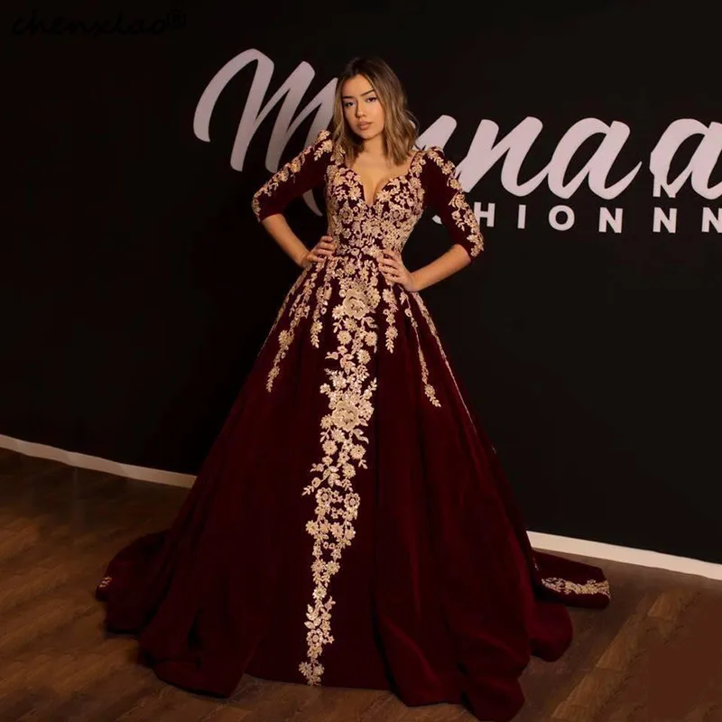 

Burgundy Long Evening Dresses Velvet Half Sleeve Sweep Train Simple Prom Dresses Formal Party Gowns Robe De Soiree 2019