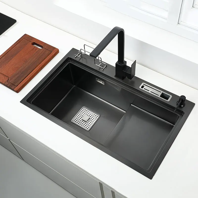 Black High and low sink kitchen sink With knife holder vegetable washing basin With cutting board stainless steel pia black