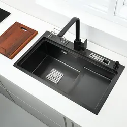 Black High and Low Sink Kitchen Sink with Knife Holder Vegetable Washing Basin with Cutting Board Stainless Steel Pia Black Sink