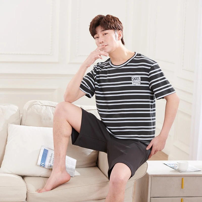 men's pajama sets 100% Cotton Short Sleeve Casual Striped Pajama Sets for Men 2021 Summer Korean Sleepwear Pyjama Homewear Night Suit Home Clothes men's pajama sets