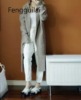 

FENGGUILAI Women Sweater Cardigan Autumn Winter Hooded Long Sleeve Winter New Solid Color Loose Korean Cozy Lady Long Sweaters