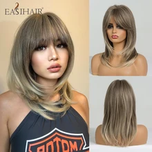 

EASIHAIR Ombre Ash Gray Synthetic Wigs for Women Layered Wigs with Bangs Cute Cosplay Medium Length Heat Resistant Wigs