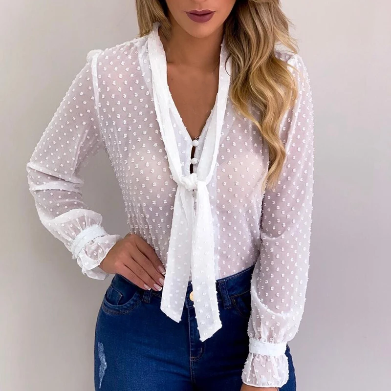 

2019 Autumn Sexy Lady Chiffon Blouse Blusas Femininas 2019 Casual Long Sleeve Shirt Bow Tie V Neck Top Plus Size Blusa