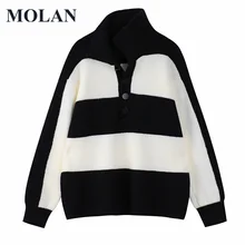 

MOLAN Chic Striped Woman Sweater Vintage Long Sleeve Polo-Neck 2022 New Casual Sweater Pullover Harajuku Female Knitted Top