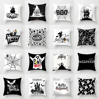 

New Style Halloween Black And White Skull Pumpkin Printed Polyester Peach Skin Pillow Cover Sofa Office Cushion Cover