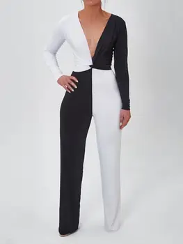 

Women Two Piece Set Sexy Office Lady White Black Pathwork Deep V-Neck Top + Long Pants Party Clubwear Outfit 2pcs Set