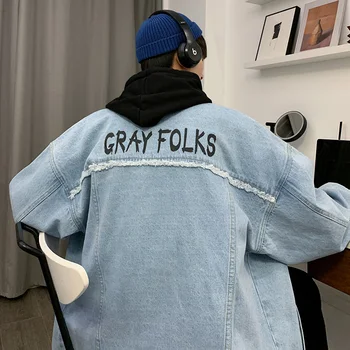 

2019 Autumn New Japanese Korean Trend Men's Printing Solid Color Lapel Long Sleeve Thin Section Loose Student Denim Jacket