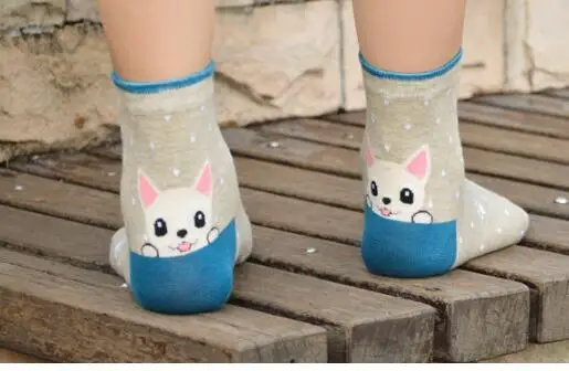 1 пара/лот,, японский и корейский стиль, женские красивые хлопковые носки, носки с изображением собаки, носки с рисунками из мультфильмов на осень и зиму