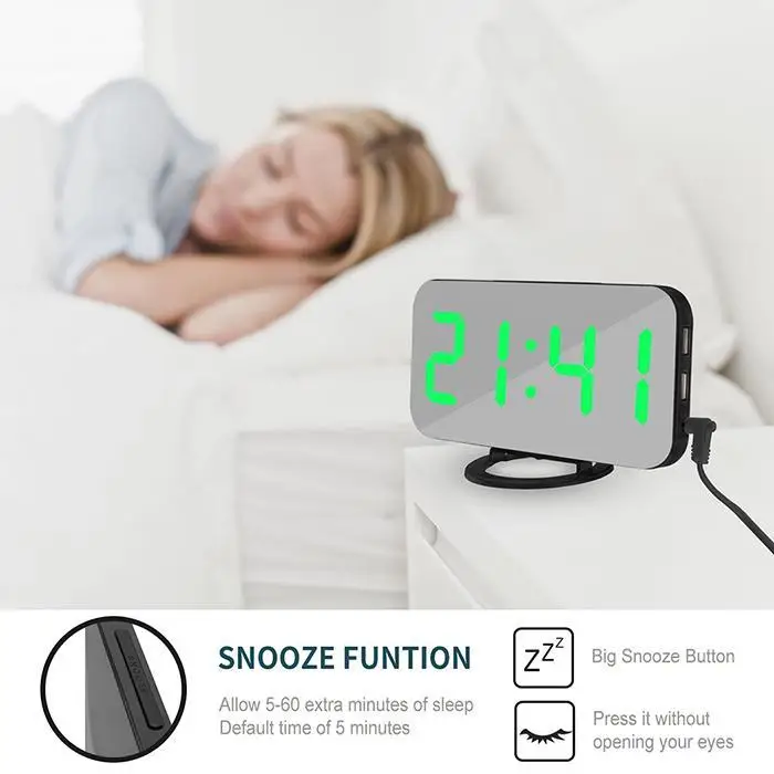 Easy Snooze Function Diming Mode Mirror Square Surface LED Digital Home, Bedroom Alarm Clock