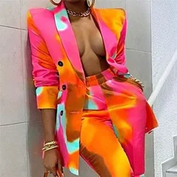Calças femininas 2021 vintage tie dye turndown collar blazer & calça solta 2 peças define moda primavera feminino calças terno