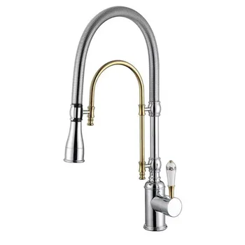 Best Kitchen Faucet Brass Gold Pull Down Shower Head Spring Rotation Single Lever Sink Faucet Gold Chrome Sink Tap