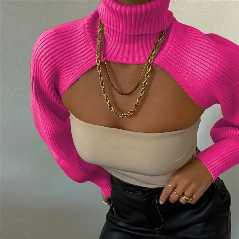 Ladies Fashion Y2K Sweaters Long Sleeve Turtleneck Cover Top Women Long Sleeve Backless Knitted Pullovers Solid Color Fall cropped sweater Sweaters