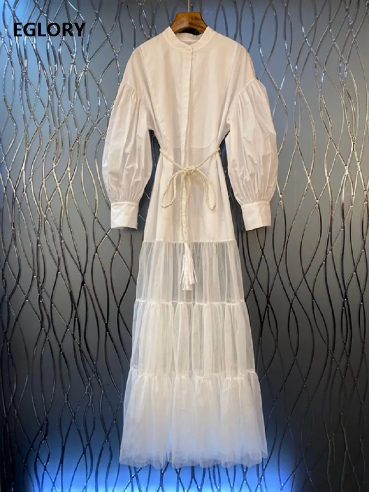 Floor Length Dress Spring Style Women Sexy Tulle Mesh Patchwork String Belt Long Sleeve Casual Long Sexy Maxi Dress White - Цвет: white