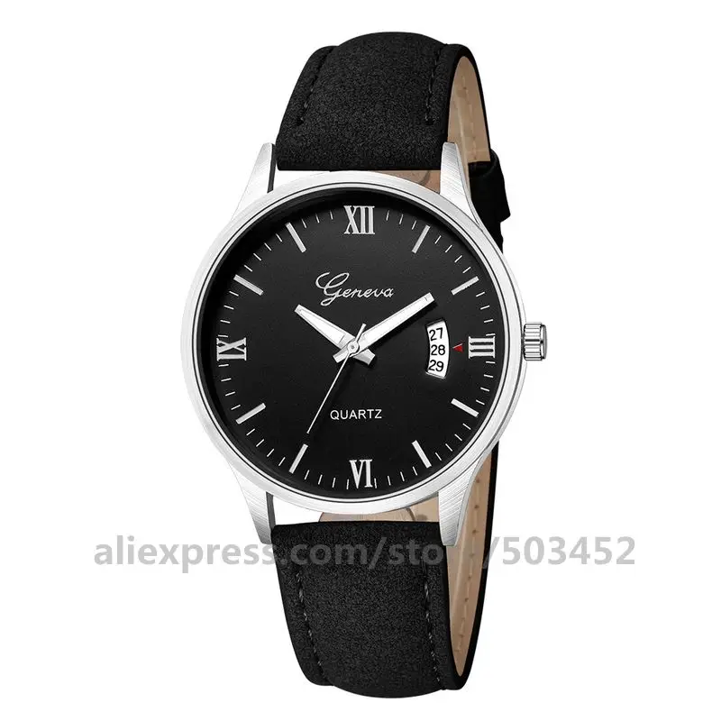 black silver black 100 шт./лот Geneva 638 Мужские часы с кожаным ремешком, простые часы для спорта и отдыха, новые наручные часы - Цвет: black silver black