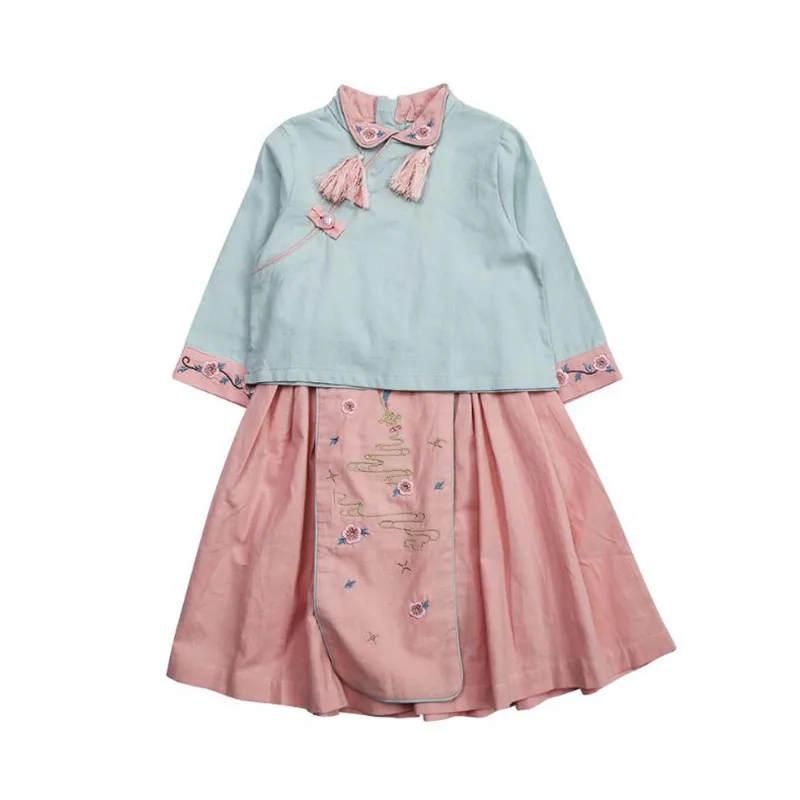 Мода 2019 года осенние детские костюмы Hanfu для девочек топы с цветочной вышивкой и