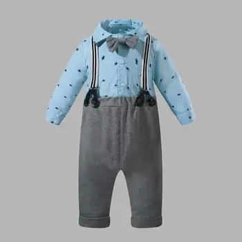 

European Boys Suits Baby Stars Plaid Printing Long Sleeve Turn Down Collar Shirt Rompers Braces Pants 3pcs Kids Clothes
