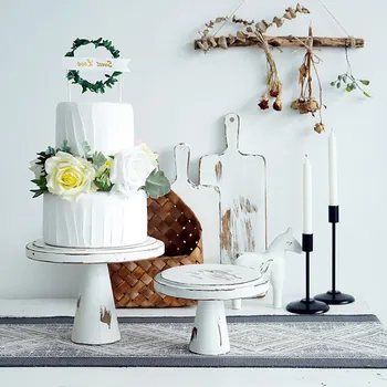 

Desktop Dessert Fondant Birthday Party Wooden Cake Stand Wedding Display Holder Decorative Round Tray Vintage White Home