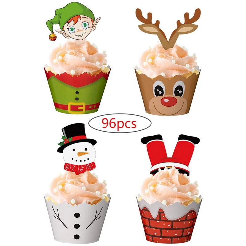 

Hot Sale 48 Sets Christmas Cupcake Toppers and Wrappers Party Supplies Snowman Santa Claus Reindeer Elf