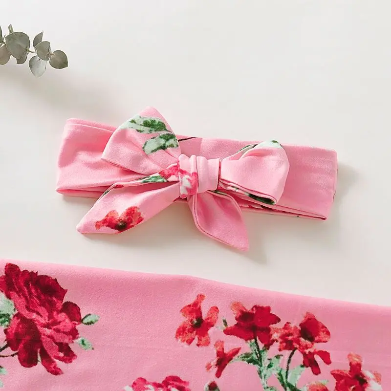 2 Pcs/setInfants Baby Printed Blanket Headdress Set Newborn Hair Accessories Wrap Towel Bathing Gifts