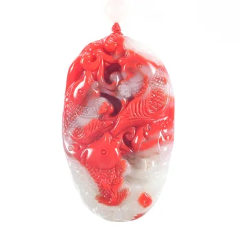 

Collar con Colgante de Piedra de sangre de pollo con peces tallados a mano de Jade de seda dorada de Gobi año tras año para muje