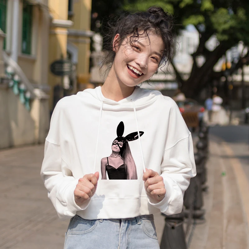 Kpop Модная белая толстовка Ариана Гранде kawaii с кошачьими ушками и капюшоном