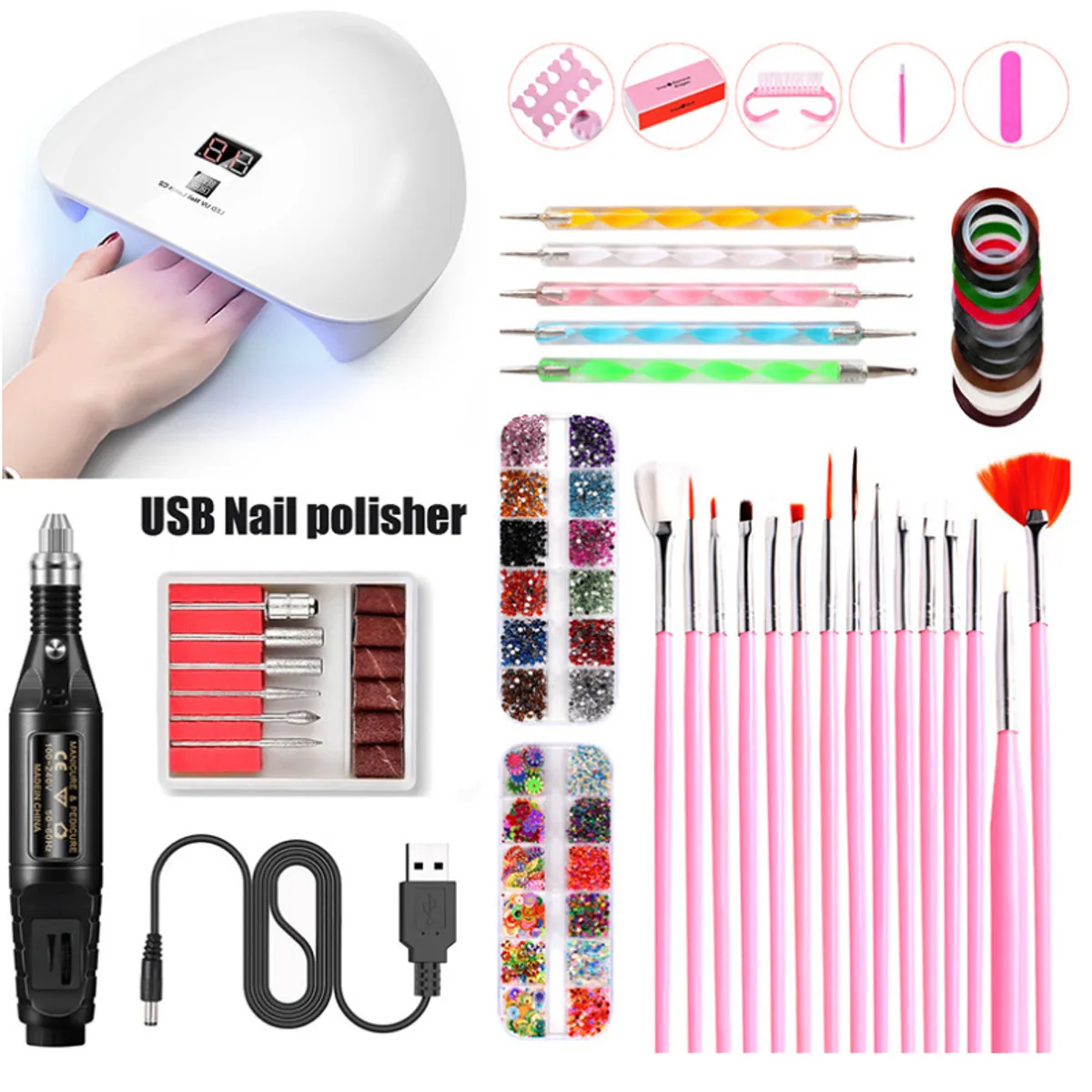 45W Nail Art USB UV LED Lamp Dryer With 15 Painted Pens Soak Off Manicure Tools Set electric Nail drill Nail Art Tools