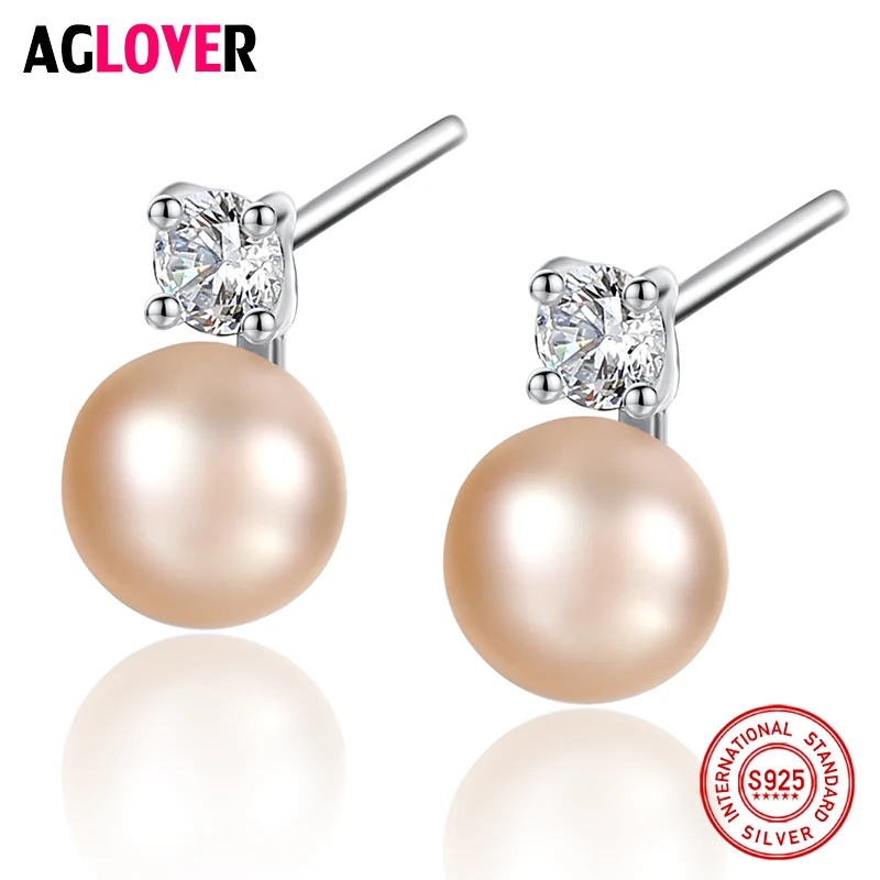 

AGLOVER New Earrings Natural Freshwater Pearl 100% 925 Silver Zircon Inlay Pearl Stud Earrings For Women Jewelry Female Gift