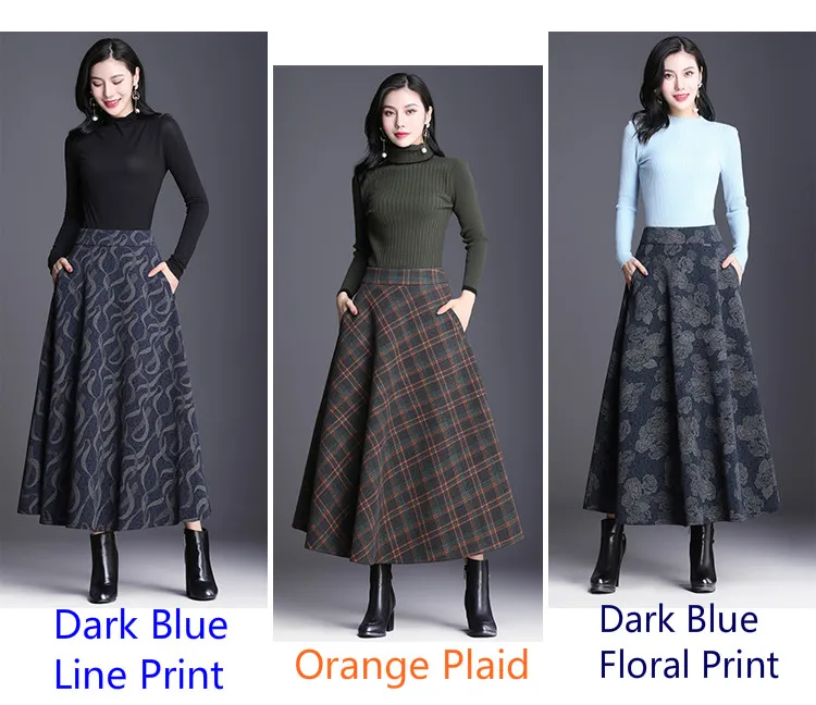 Autumn Winter Woolen A-Line Skirt High Waist Patchwork Ankle Length Blue Orange Plaid Striped Flower XL 2XL 3XL New Arrival