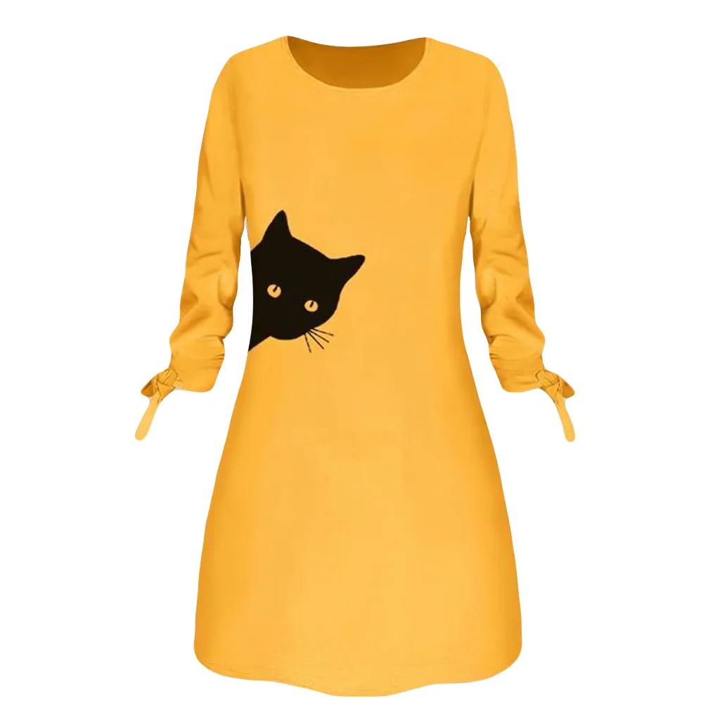 Женское платье с принтом кота, Осеннее мини Повседневное платье для женщин, женское платье с длинным бантом и круглым вырезом, блуза с длинным рукавом, мини платье с запахом