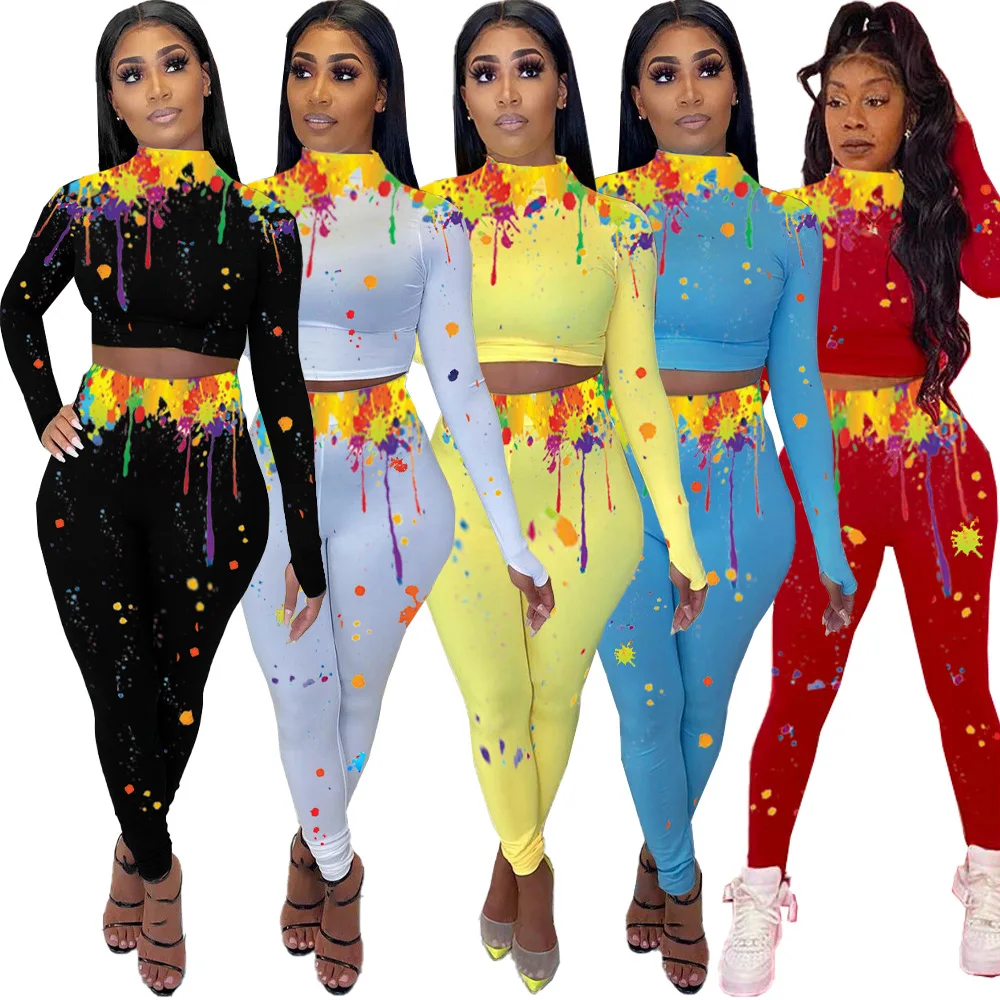 

Graffiti Print Turtleneck Sexy Crop Tshirts Tops and Trousers Slim Shaping Women Two Piece Outfits Autumn Office Lady Suits