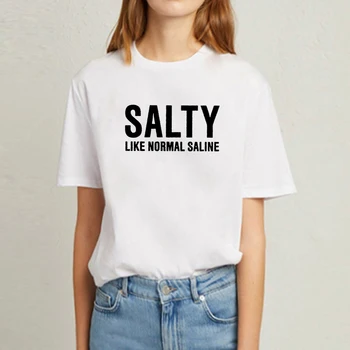 

SALTY Printed T Shirt Women Harajuku Cotton Funny T Shirt Women Tops Vintage Tee Shirt O-neck T-shirt Femme Black & White