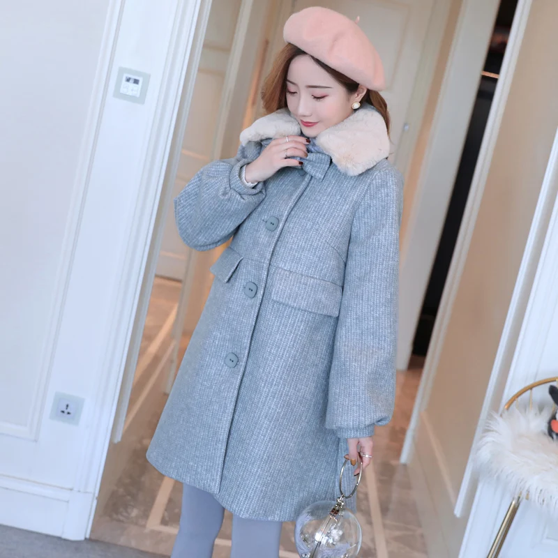 Хлопковое шерстяное пальто для беременных; коллекция года; зимнее Свободное пальто с меховым воротником и длинными рукавами-фонариками; однобортная верхняя одежда для беременных женщин; свободные пальто