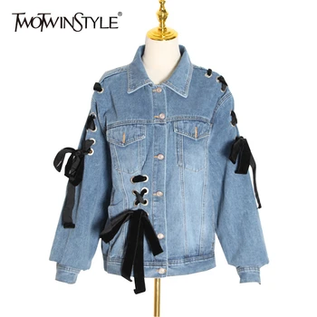 

TWOTWINSTYLE Streetwear Denim Jacket For Women Lapel Collar Long Sleeve Hollow Out Lace Up Female Coat Spring New Fashion 2020