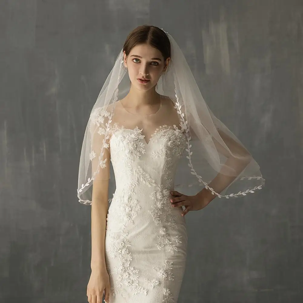 

V633 Plain white leaves edge cathedral wedding veil chinese fabric soft tulle trim bridal church veil for bride