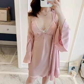 

Pink Intimate Lingerie Bride Bridesmaid Wedding Robe Women Satin Sleepwear 2PCS Nighty&Robe Set Sexy Ruffles Nightdress Bathrobe