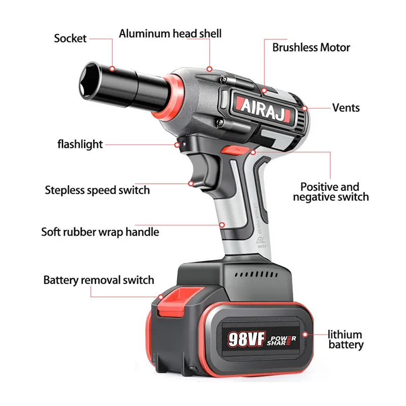 AIRAJ мощный ударный гайковерт бесщеточный Электрический гаечный ключ, долгий режим ожидания с высоким крутящим моментом Аккумуляторный ключ с литиевой батареей