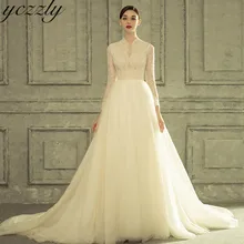 Королевское бальное платье принцессы с высоким воротом, свадебные платья с длинными рукавами, кружевное свадебное платье с жемчугом размера плюс Gelinlik W225